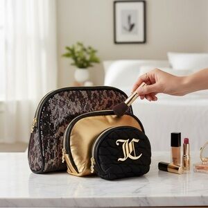 Juicy Couture Women's Cosmetic Bag Set Black Gold Leopard Print